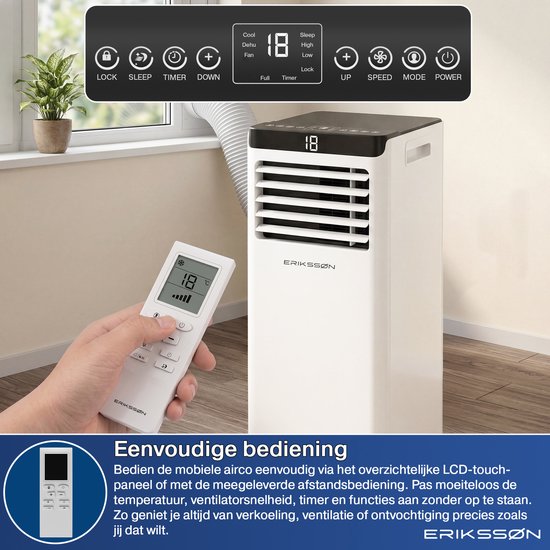 Erikssøn Mobiele Airco - 10.000 BTU - Incl. Raamafdichtingskit - Tot 30m² - 4-in-1 - Airconditioning - Ventilator - Ontvochtiger - Wit