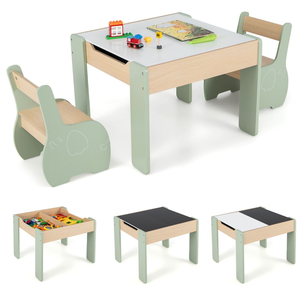 Coast 3-delige kinderzitgroep - 4-in-1 kindertafel met 2 stoelen en opbergruimte - groen
