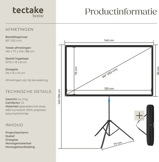tectake® Beamer Scherm - 60 Inch - 16:9 Projectiescherm met Statief - 4K HD - Oprolbaar - Uittrekbaar - Projectiedoek - Presentatiescherm - Inclusief Draagtas