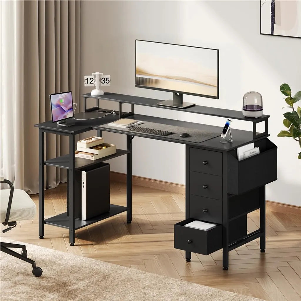 Yaheetech L-vormig Bureau 140 × 68 × 87 cm – Zwart – Gaming Bureau met Laadstation, Monitorstandaard en Opbergruimte