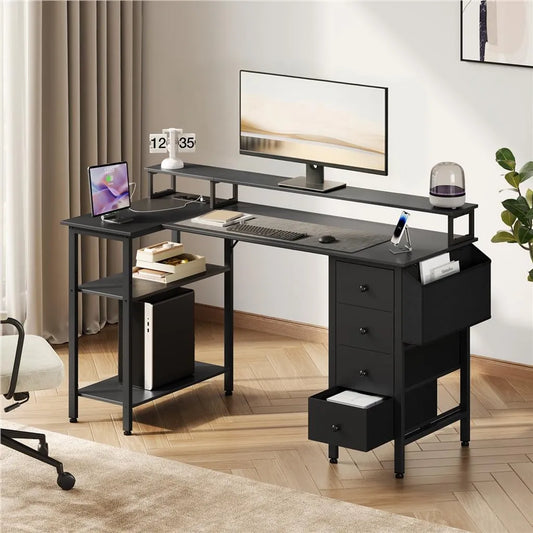 Yaheetech L-vormig Bureau 140 × 68 × 87 cm – Zwart – Gaming Bureau met Laadstation, Monitorstandaard en Opbergruimte