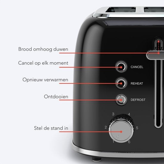 KitchenBrothers Broodrooster met Tostiklemmen - Toaster - 6 Warmteniveaus - Brede Sleuven - Broodrooster - 870W - Zwart