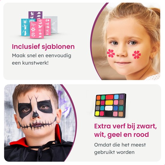 Partizzle Schminkset op Waterbasis - Schmink Boek en Sjabloon Set - Penselen, Sponsjes, Haarkrijt, Bio Glitters - Kerst Kinderen - 20 Kleuren