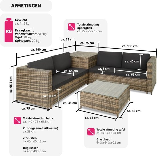 Tectake - Wicker Loungeset Siena (4 Personen) - Modulair, Opbergbox, Extra Dikke Kussens, UV- & Weerbestendig, Stalen Frame - Natuur/Donkergrijs