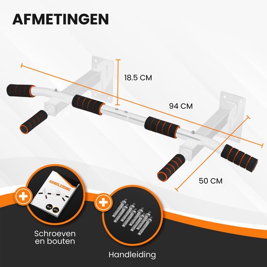 TTD® Premium Pull Up Bar - Pull Up Station - Optrekstang Wandmontage - Dip Station - Dip Bars - Thuis Sporten - Thuis Fitness - Premium materialen - Extra stevige montage onderdelen - Home workout - Wit/Oranje