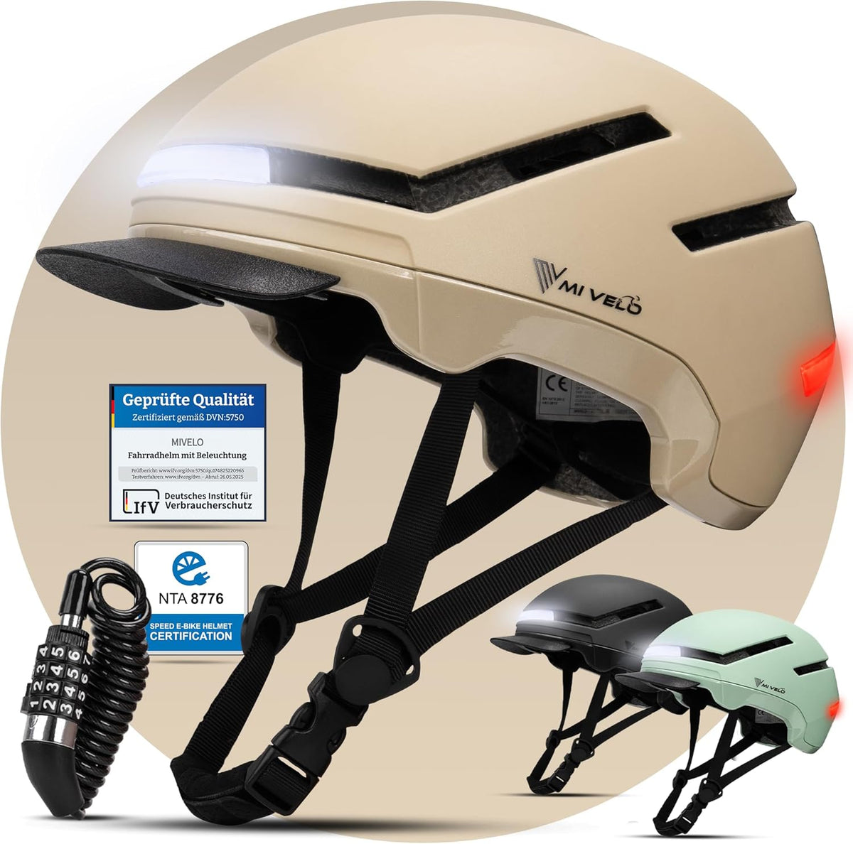 Mivelo Unisex Fietshelm NOVA - Met Lampje - NTA Gecertificeerd tot 45km/h - Beige - Maat L (57-61 cm)