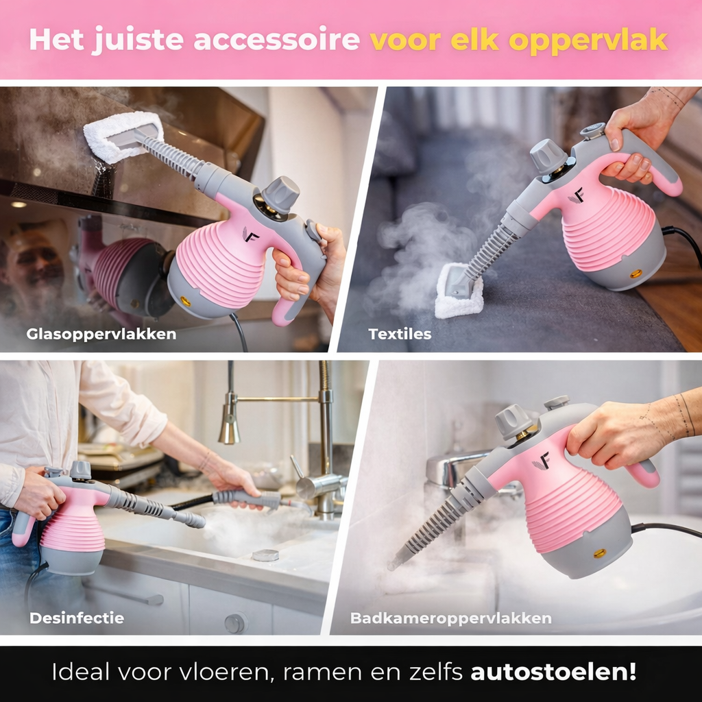 Hand stoomreiniger - Stoomregeling - Inclusief 10 accessoires - 350 ml tank - Roze