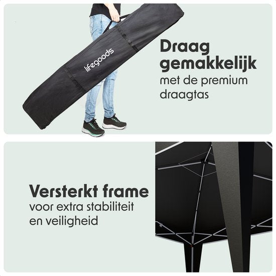 LifeGoods Partytent - Paviljoen - Easy Up - Opvouwbaar - Waterdicht - Met Draagtas - 300 x 300 cm – Zwart