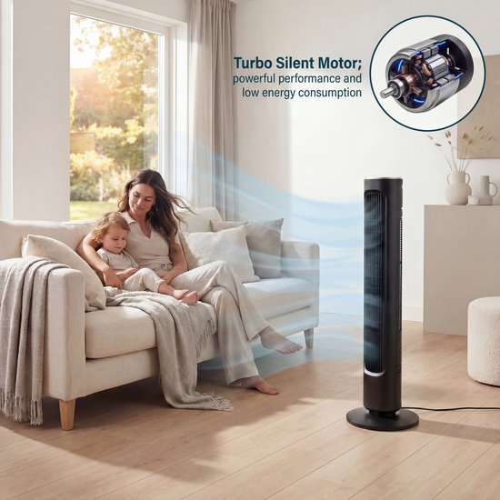 Princess DC Torenventilator 101cm – Extra Stil - 12 Snelheden – Oscillatie – Timer 1-8uur – Met Afstandsbediening - Staande Ventilator – 50W– Zwart - 352390
