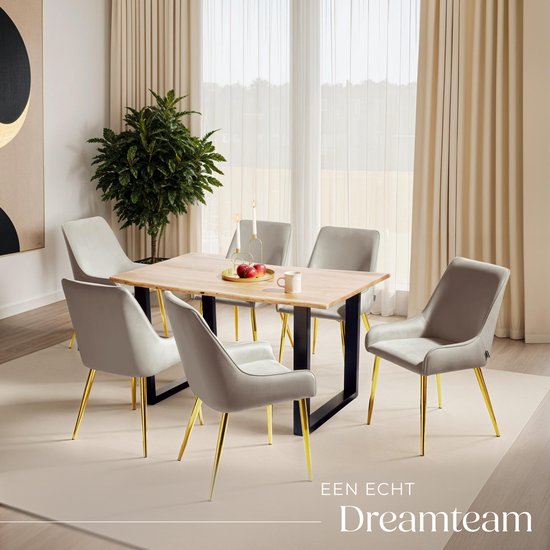 tectake® Eetkamerstoel Avane - Fluweeloptiek - Ergonomische gestoffeerde stoel met gouden stalen poten - Draagkracht 120 kg - Moderne eetkamer- en keukenstoel - Set van 2 - Taupe