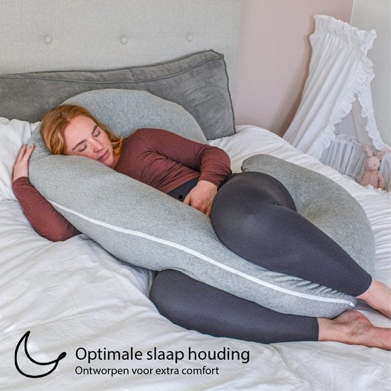 EL-Life Zwangerschapskussen XXL C-vorm - Zijslaapkussen - Lichaamskussen - Voedingskussen - Body Pillow - 150x70cm - Afneembare Jersey Katoenen Hoes, Lichtgrijs
