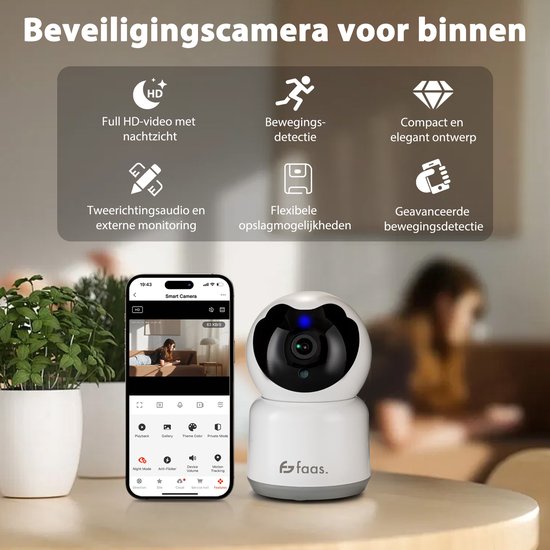 Beveiligingscamera Binnen - met Nachtzicht - Wifi en 64GB SD - Camerabewaking - Full HD - Tuya Smart - Wit - van Saaf