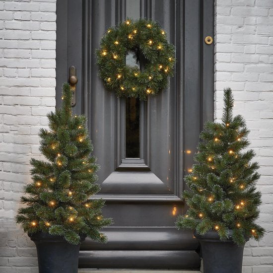 Black Box Trees Glendon - Set van 2 Kerstbomen en 1 Krans met LED Verlichting - Groen