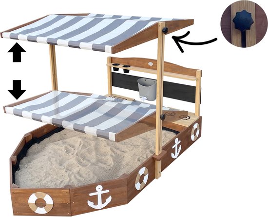 AXI Dora Boot zandbak met speelkeuken en dak (UV50) 160 x 100 cm Antraciet/bruin – Met krijtbord en opbergruimte - Inclusief gronddoek - 10 jaar garantie!