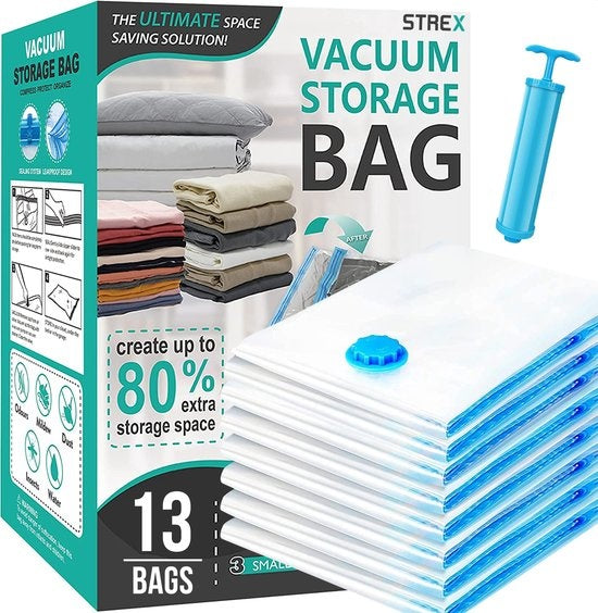 Strex Vacuumzakken Dekbedden & Kleding - 14 Stuks / 4 Maten - Reiszakken / Vacumeerzakken - Incl. Handpomp