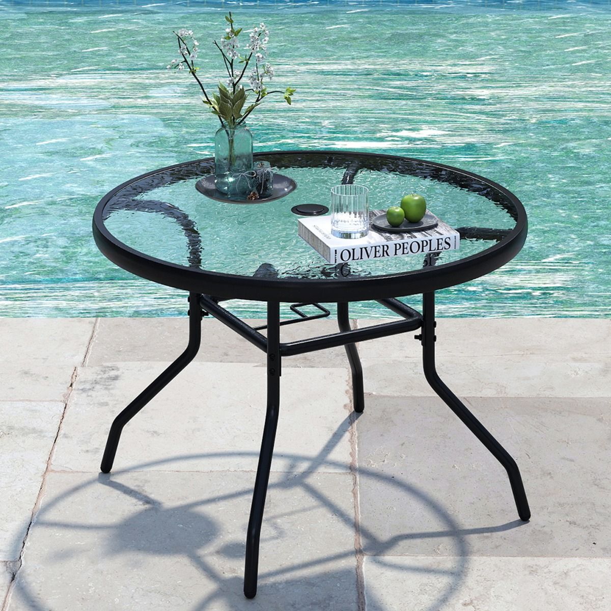 Coast Ronde Bijzettafel voor Buiten - Gehard Glazen Blad - Parasolgat 4,2 cm - Zwart 70 x 70 x 45,5 cm