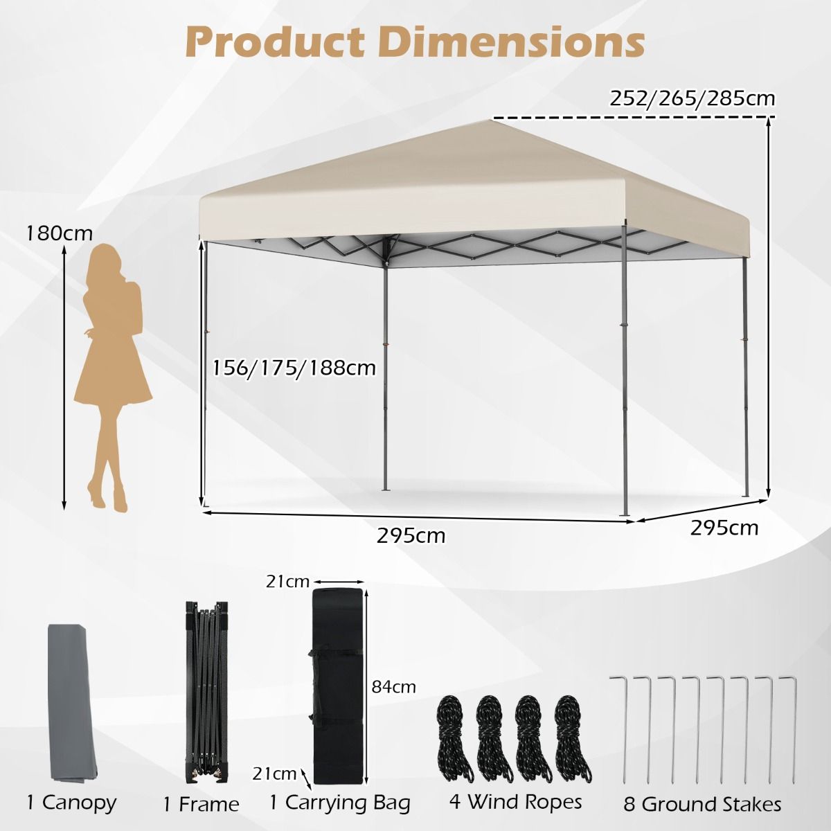 Coast Pop-up Paviljoen - in hoogte verstelbaar - met draagtas - beige - 295 x 295 cm