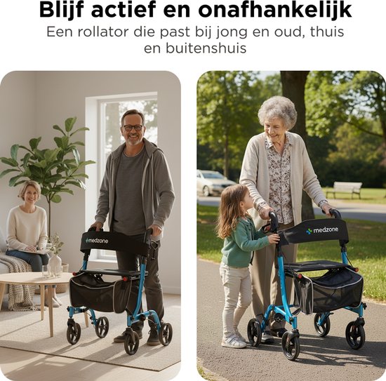 Medzone Rollator Lichtgewicht en Opvouwbaar - Zitfunctie - Binnen en Buiten - Rugleuning en Wandelstok Houder - Blauw