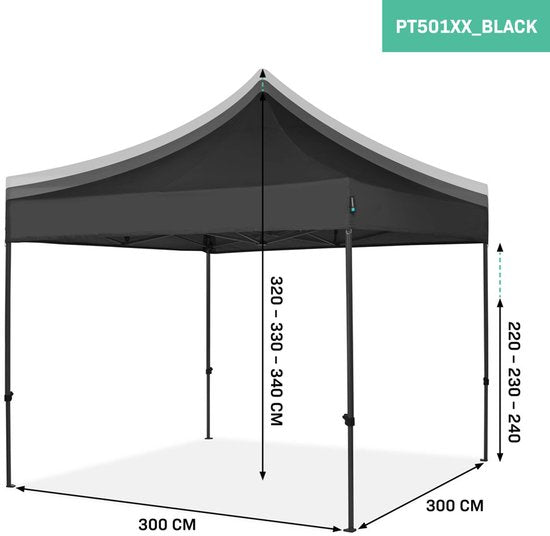 VONROC Partytent - Paviljoen - Easy Up - Opvouwbaar - Waterdicht - Met Draagtas - 300 x 300 cm – Zwart