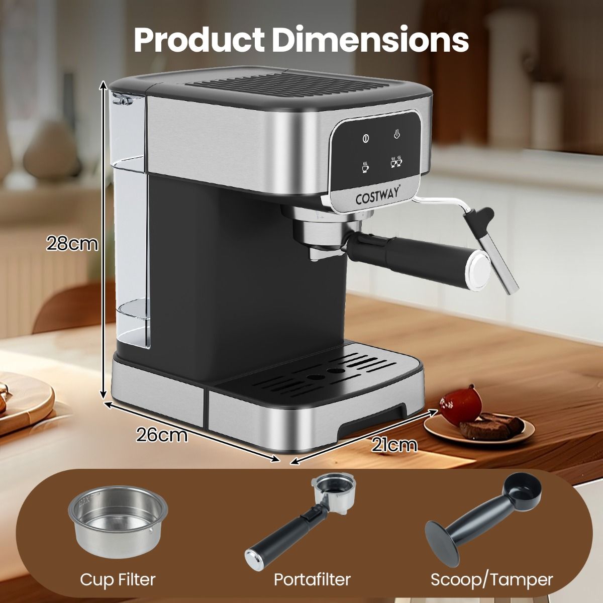 Coast Espressomachine 20 Bar 1200W - Stoom-melkopschuimer - 1,8L Waterreservoir - Touchscreen - Zwart/Zilver - 26x21x28cm