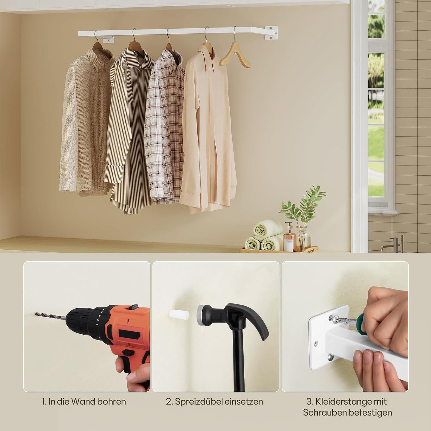 eSituro Wandmontage Kledingrek Industrieel - Pijp Kledingstang Hal Keuken Woonkamer - Wit 94 cm