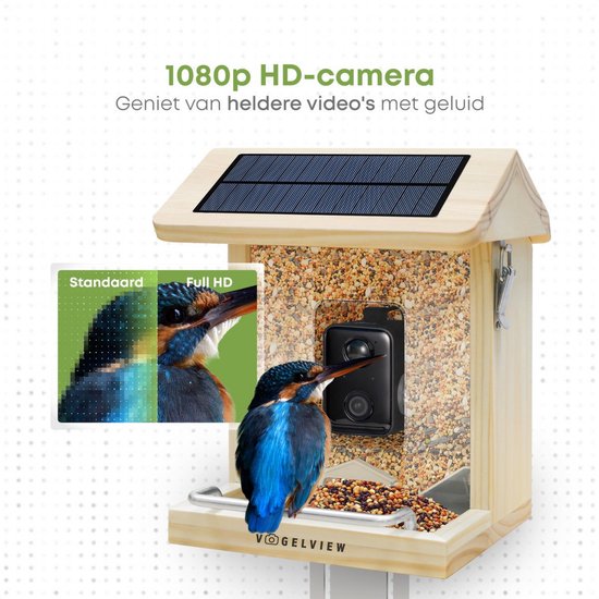 Vogelview -Vogelvoederhuisje - Vogelhuisje met Camera - Hout - AI vogelherkenning - 1080 HD - Audio - Met zonnepaneel