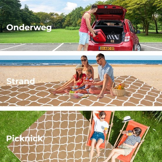 LifeGoods Buitenkleed - 274x350CM - Vloerkleed - Tuintapijt - Buitentapijt - Omkeerbaar - Incl. Draagtas - Met Patroon - Beige/Wit