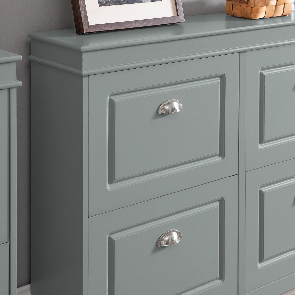 SoBuy FSR79-HG Schoenenkast met 4 Kleppen – Schoenenmeubel met 8 Planken – Ruimtebesparend Schoenenrek voor Hal – Grijs MDF – 105x83x24cm