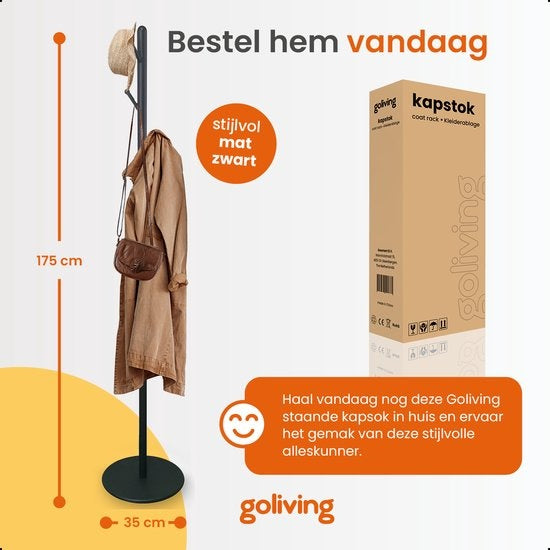 Goliving Kapstok Staand - Metaal - 35X35X175 cm - Zwart