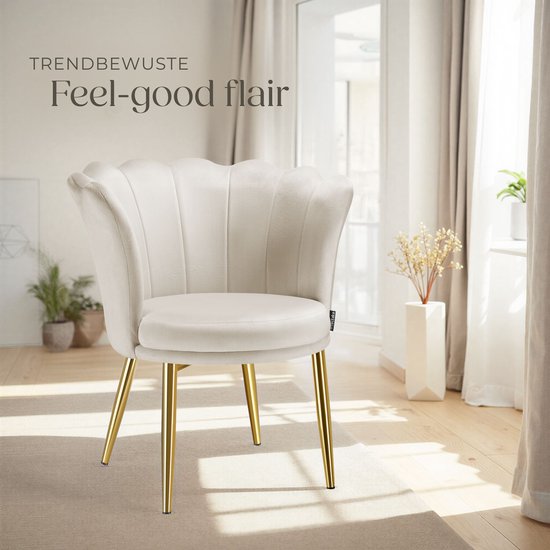 tectake® Fauteuil Stella - Kuipstoel met armleuning – Comfortabele Eetkamerstoel – Keukenstoel – Dikke vulling – Voor woonkamer en eetkamer – Met fluwelen bekleding - crème/goud