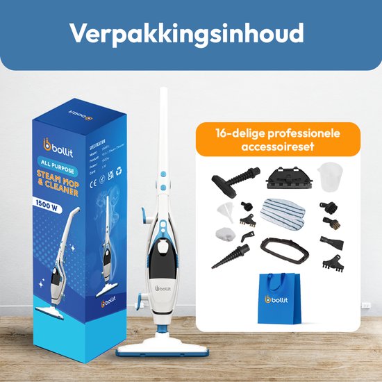 BOLLIT 16 in 1 Stoomreiniger 1500W - Handstomer - Tapijtreiniger - Vlekkenreiniger- Stoomreinigers - Handstoomreiniger - Vloerreiniger - Stoommop - Stoomdweil - Vloer, Bank, Badkamer, en Tapijt Reinigen