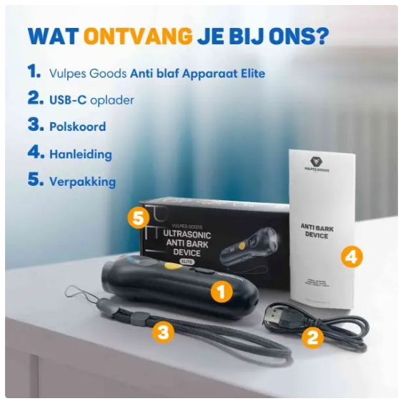 Vulpes Goods® – Ultrasone Anti Blaf Apparaat Elite – 13 x 4,5 cm – Voorzien Van 3 Modi En Variabele Frequenties En Zaklamp En USB-C Oplaadbaar – Voor Hondentraining En Gedragscorrectie – Zwart ABS Kunststof