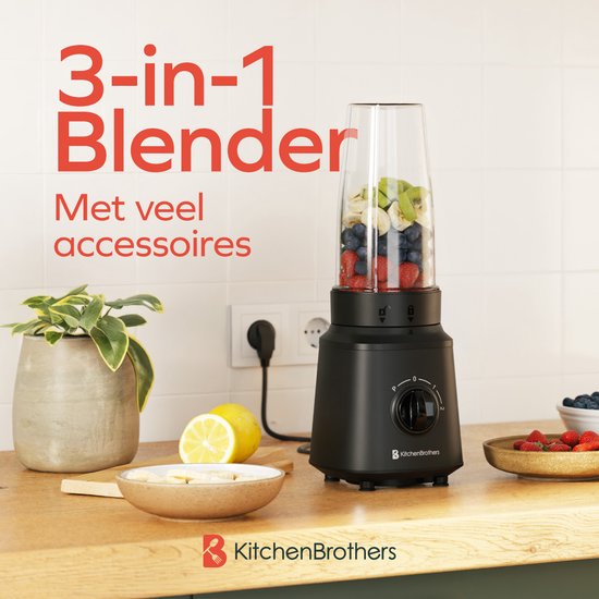 KitchenBrothers Blender - Complete Set - 2x 750ml Kan - Grinder - Stamper - To-Go Bekers - Zwart
