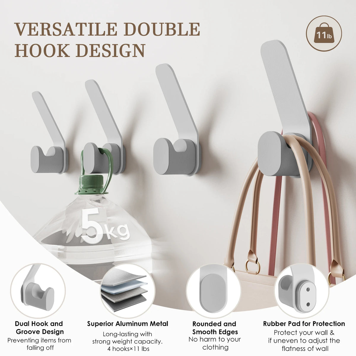 Kapanou Dubbele Wandhaken - Set van 8 - Aluminium - Tot 5 kg per Haak - Modern Design - Grijs