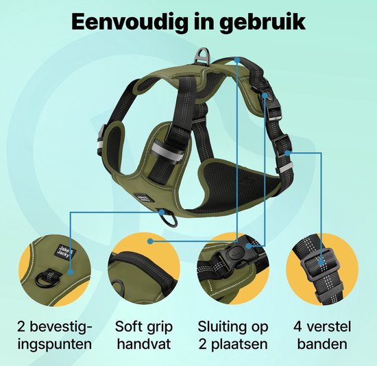 Jake en Jacky Hondentuigje - Anti-Trek Tuig - Reflecterend - Groen - Maat L