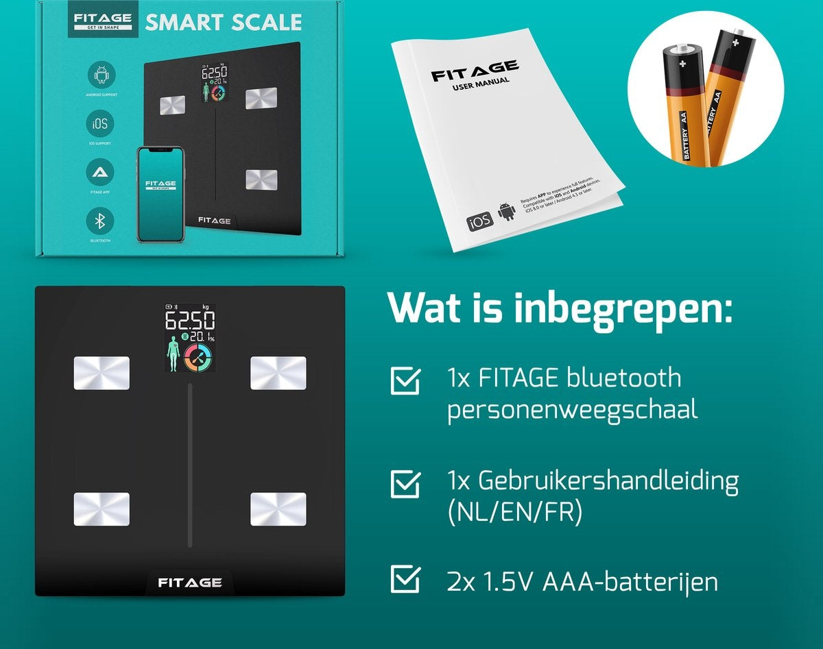 FITAGE LCD Weegschaal Personenweegschaal Digitaal - Slimme Weegschaal met 17x Lichaamsanalyse - Weegschalen - FITAGE App