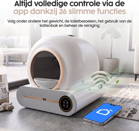 Infinity Goods Automatische Kattenbak XXL - Zelfreinigende Kattenbak - Incl. App - 75L - Met Kattenbakmat en 3 Rollen Opbergzakjes - Wit/Roségoud