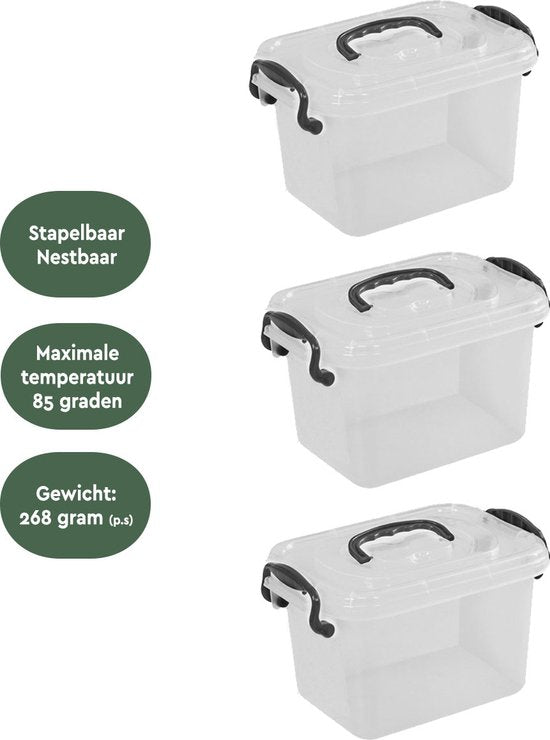 BRASQ Opbergbox 6 Liter - Set van 3 - Plastic Opbergbox - Transparant - Opbergbak - Opbergdoos met deksel