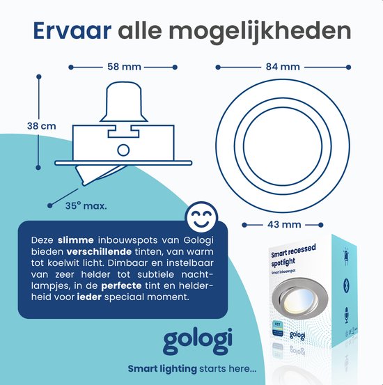 Gologi Slimme Inbouwspots - Slimme LED Downlight Dimbaar - Kantelbaar - Warm Wit Licht - Gu10 LED Lamp - Wit