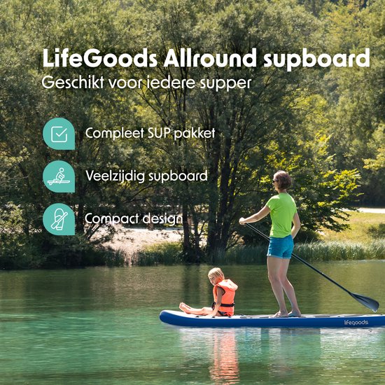 LifeGoods PaddlePro SUP Board - Opblaasbaar Paddle Board - Compleet Set - Max. 150KG - 320x81cm - Blauw
