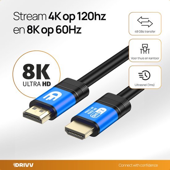 Drivv. Premium HDMI Kabel 2.1 - Ultra HD High Speed 8K - HDMI naar HDMI - Geschikt voor gameconsoles - 10 meter - Blauw