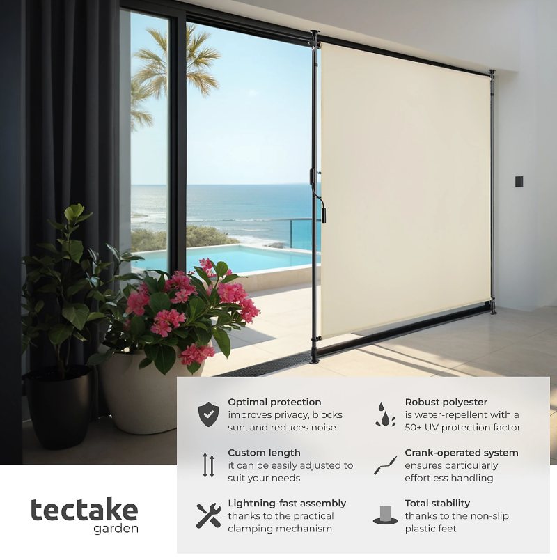 Tectake Zonnescherm Taija 128 x 7 x 216–310 cm – Handslinger – UV50+ – Beige