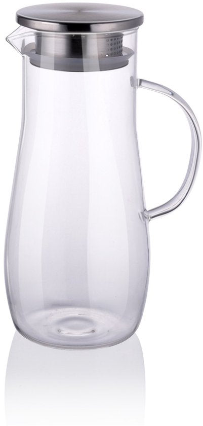 alpina Glazen Waterkan 1.4L - Schenkkan met RVS Deksel en Filter - Karaf van Borosilicaatglas - Transparante Kan voor Koude en Warme Dranken