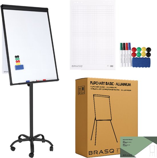 BRASQ Flipover Verrijdbaar - 70x100 cm - Verstelbaar Whiteboard - Inclusief 25 vellen papier, 4 Stiften, 8 Magneten, Wisser - Flipover met Papierklem en Haken - Magnetisch bord - Magneetbord - Zwart