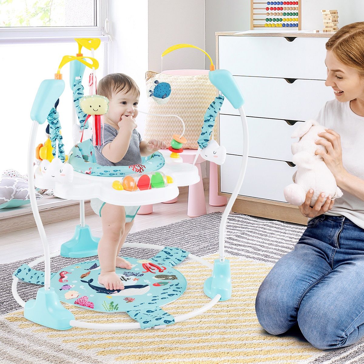 coast Baby Sky Jumperoo - Lichtblauw/Wit - 87x87x94 cm - 3 Hoogtes, 360° Draaibare Zitting & Interactief Speelcentrum
