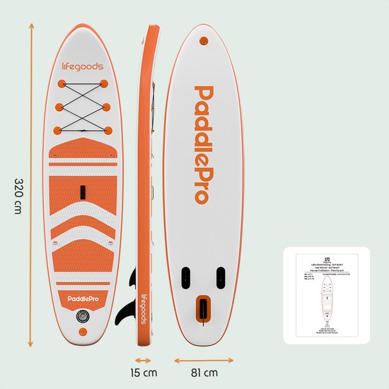 LifeGoods PaddlePro SUP Board - met Zitje - Opblaasbaar Paddle Board - Complete Set - Max. 135KG - 320x81cm - Wit/Oranje