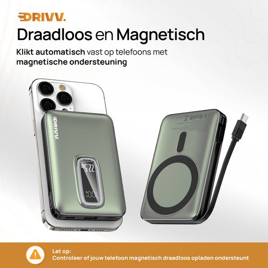 Powerbank 10.000 mAh geschikt voor MagSafe met USB C Kabel - 3 in 1 Ontwerp - 22.5W Draadloze Powerbank - Inclusief 60W Oplaadkabel - Snellaadfunctie - USB & USB C - Zwart -