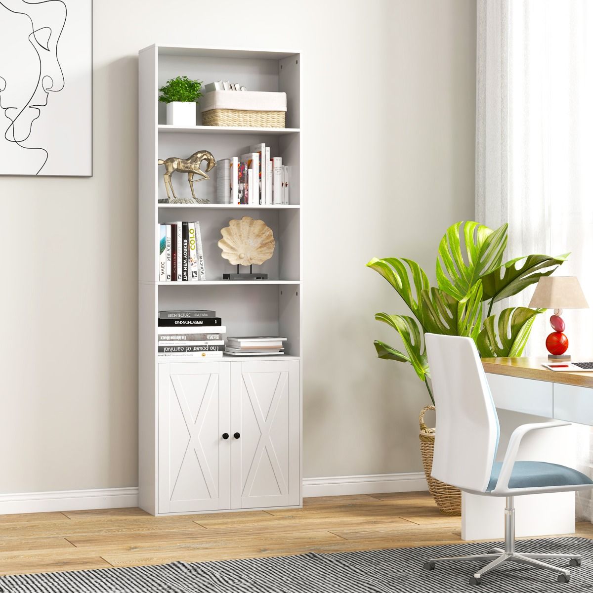Coast Vrijstaande Boekenkast - 6 Planken - 2-Deurs - 60 x 24 x 180 cm - Wit