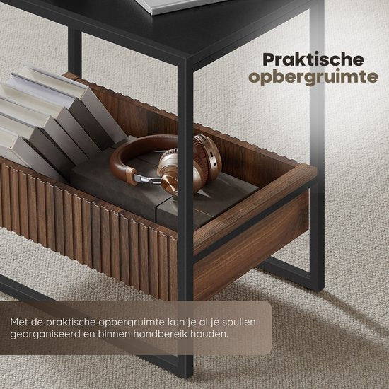 O'DADDY® Bijzettafel - Vierkant Tafeltje - Met Verstelbare Lade - Bijzet Tafel - Koffietafel - Nachtkastje - 55x35x55 cm - Zwart Metaal/Bruin Hout