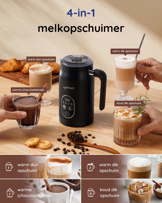 Safecourt Kitchen Melkopschuimer 4-in-1 – Elektrisch – Zwart – Voor Cappuccino & Latte